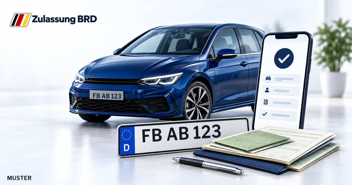 Online Fahrzeugzulassung in Rosbach v. d. Höhe: Musterkennzeichen FB AB 123, Auto und Fahrzeugpapiere und Smartphone. Illustration mit Logo von Zulassung BRD.